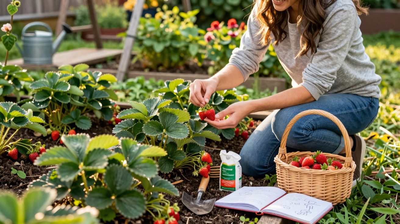 Mulher colhe morangos num jardim, com cesto de vime e caderno aberto ao lado.