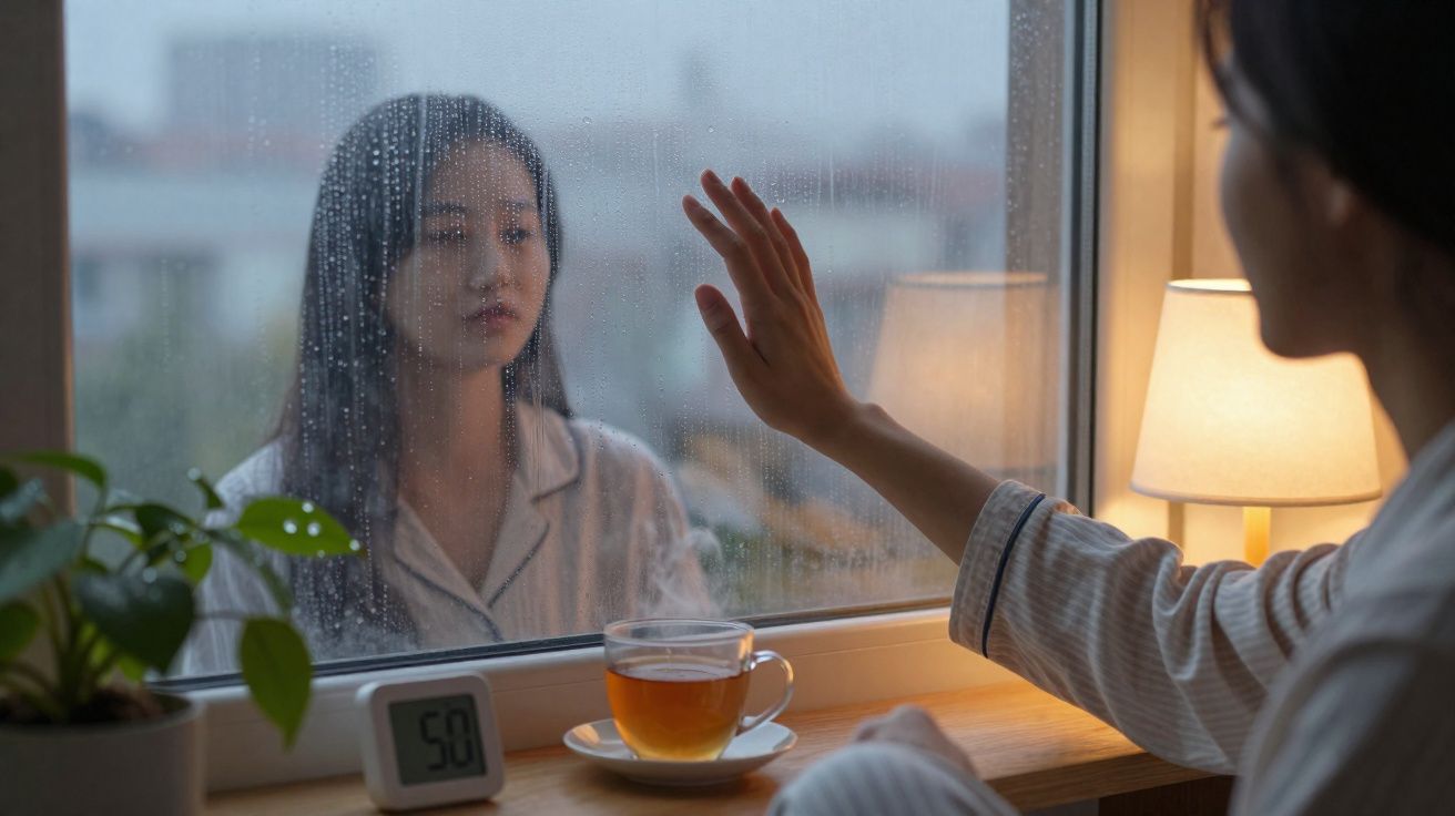 Mulher de pijama toca vidro molhado pela chuva enquanto olha o seu reflexo sentado junto a uma chávena de chá.