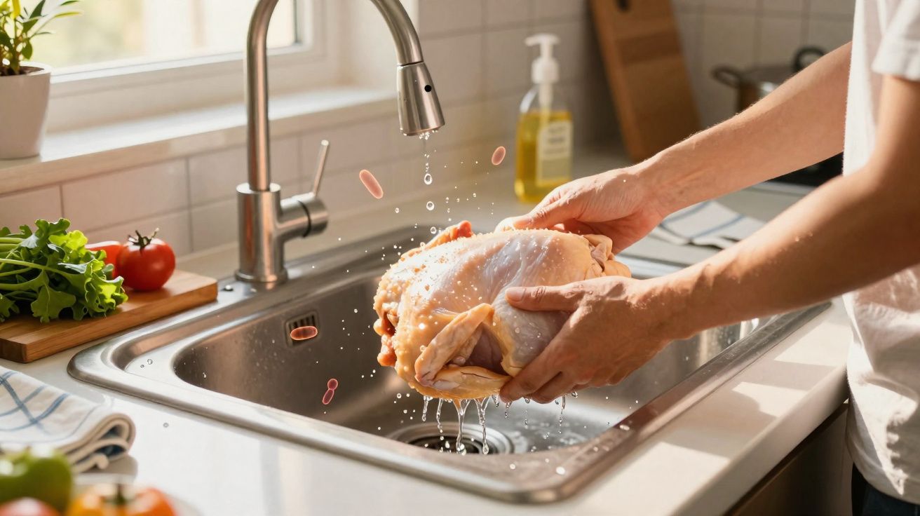 Pessoa a lavar um frango cru debaixo de água numa pia de cozinha iluminada.
