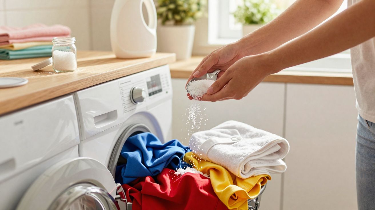 Mãos a deitar detergente em pó sobre roupa colorida numa máquina de lavar aberta numa lavandaria doméstica.