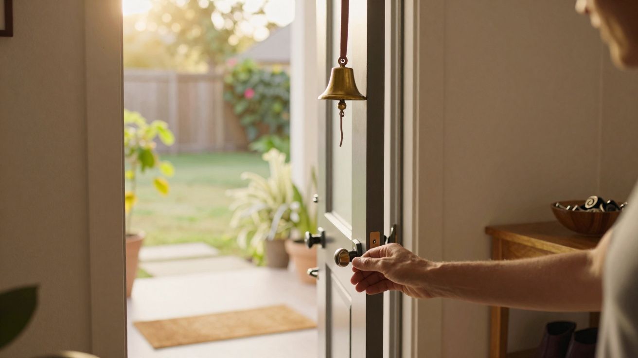 Pessoa a abrir porta de casa com campainha de sino pendurada e vista para jardim ensolarado
