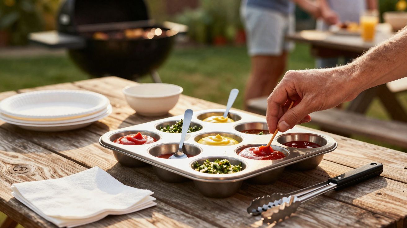 Prato metálico com molhos diversos para churrasco numa mesa de madeira ao ar livre, com mão a pegar molho.