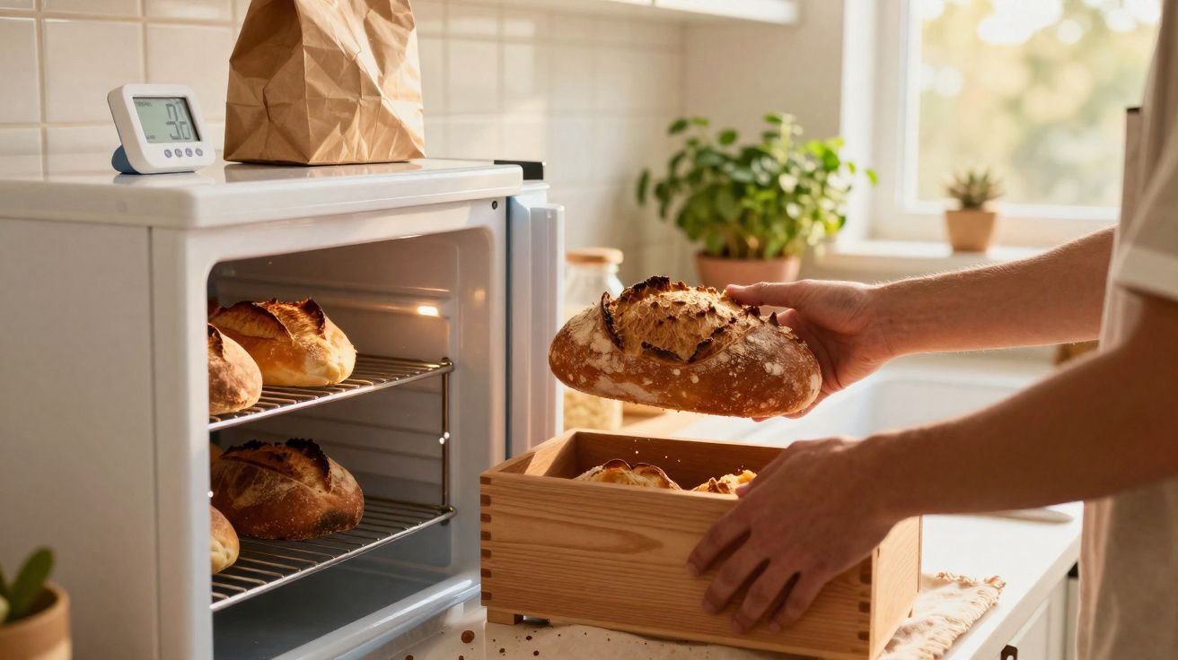 Pessoa a retirar pão quente do forno e a colocar numa caixa de madeira na cozinha iluminada.