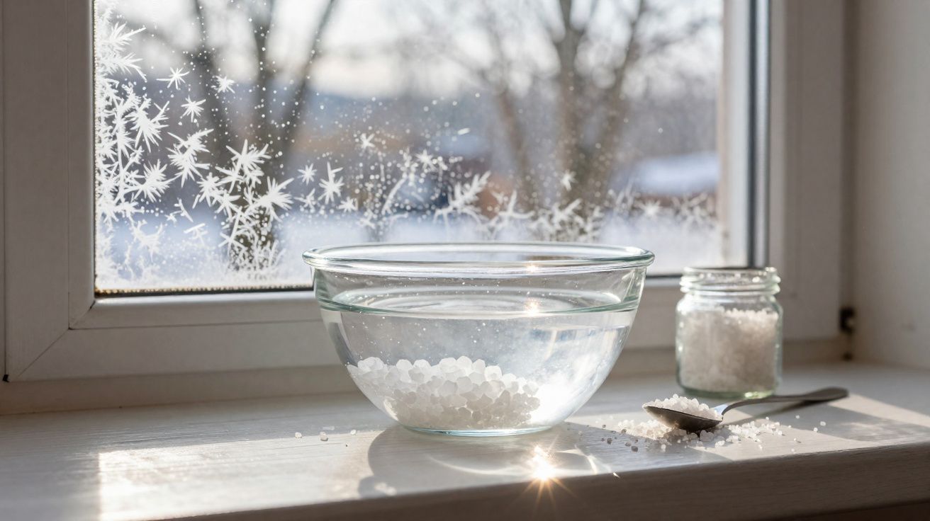 Tigela com bolas de gelo seco em água numa janela com cristais de gelo e um frasco pequeno ao lado.