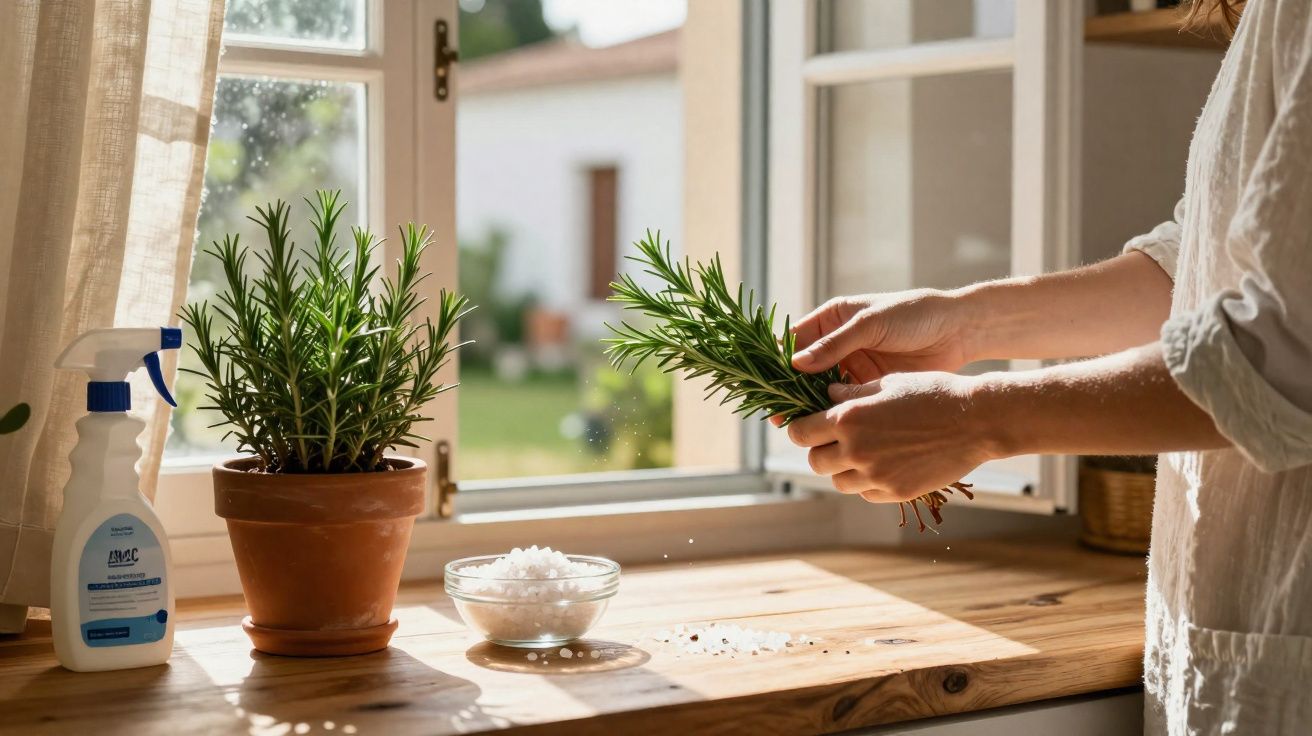Pessoa a cuidar de planta aromática junto a janela aberta numa cozinha com luz natural suave.