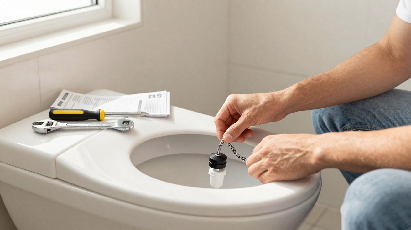 Pessoa a reparar a tampa da sanita branca, ferramentas e manual ao lado, numa casa de banho iluminada.