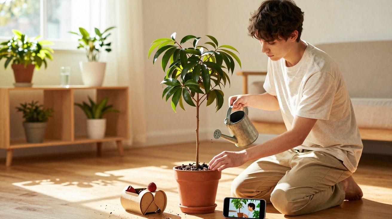 Rapaz a regar uma planta em vaso dentro de casa, com um smartphone a mostrar o mesmo cenário.