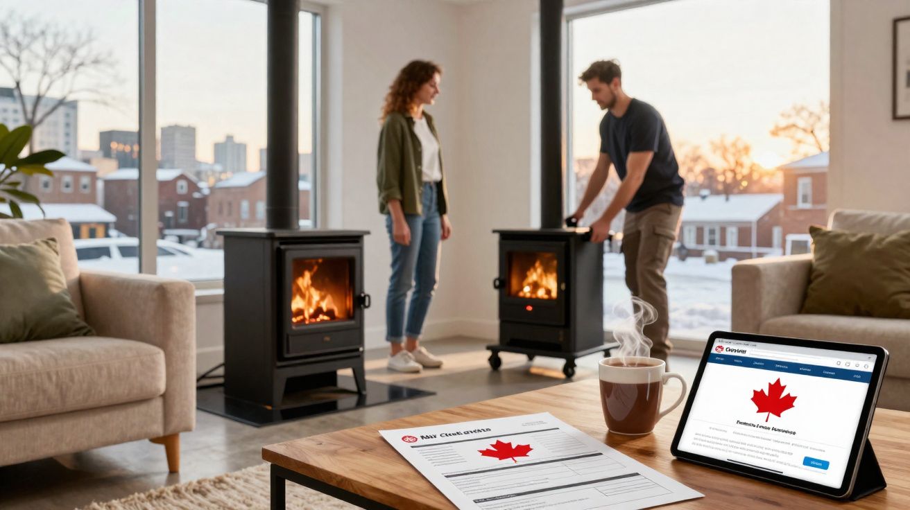 Casal junto a duas lareiras acesas numa sala com vista para cidade nevada ao pôr do sol.