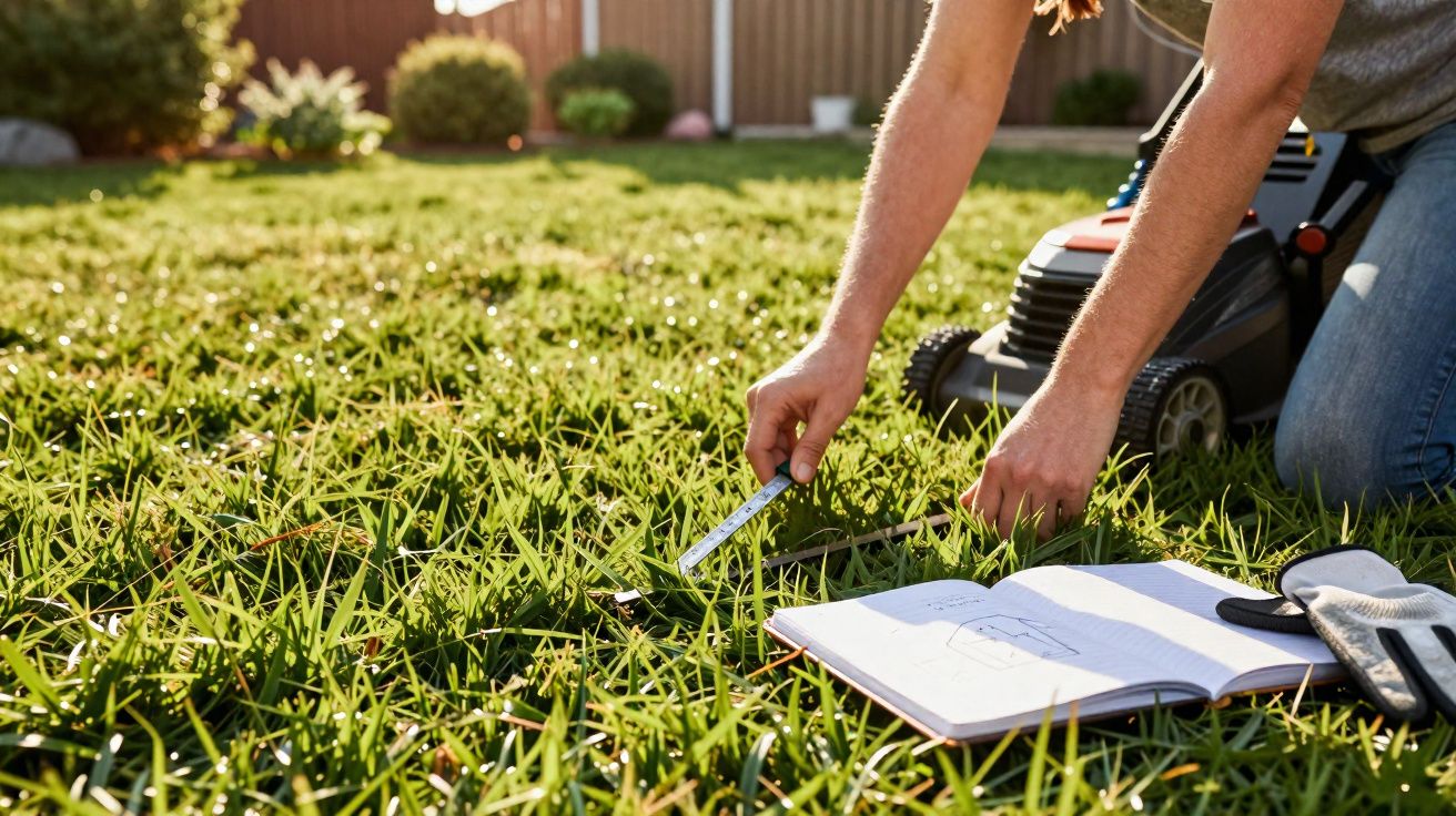 Pessoa a medir a altura da relva num jardim com cortador e caderno abertos ao lado.