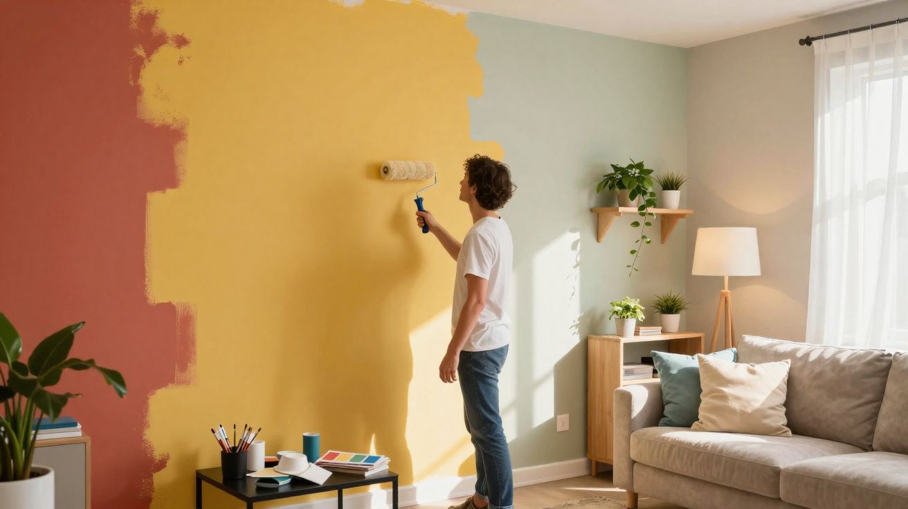 Homem pinta parede de amarelo numa sala moderna com sofá cinza, plantas e iluminação natural.