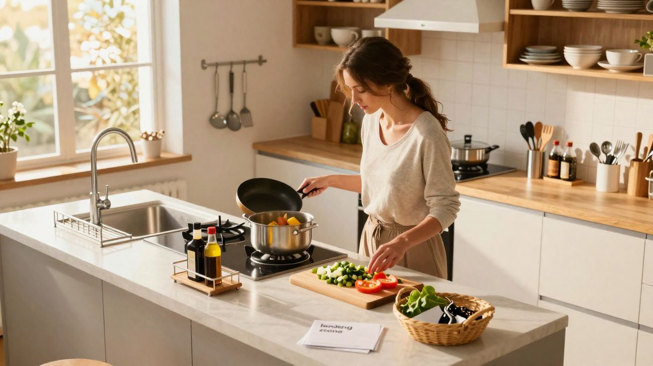 Mulher a cozinhar numa cozinha luminosa com legumes e panelas sobre a bancada de pedra.
