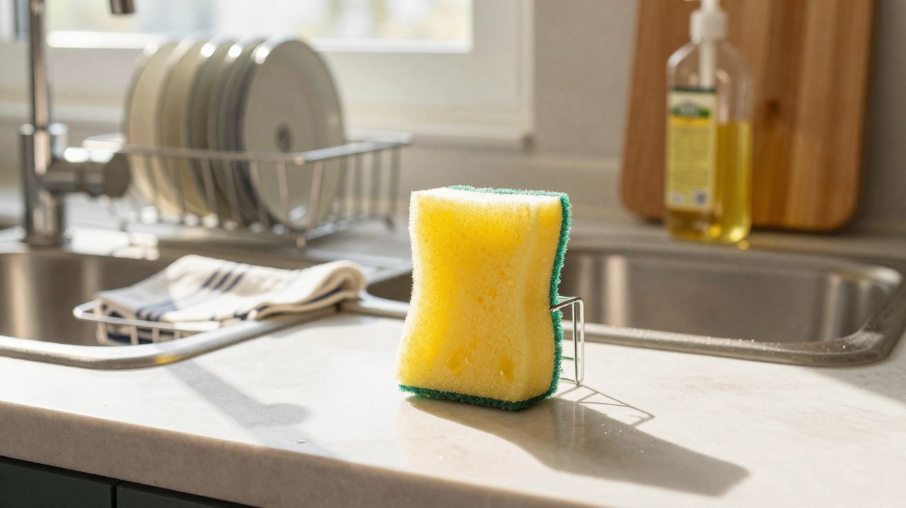 Esponja amarela com lado verde apoiada no suporte da pia da cozinha com pratos secos ao fundo.