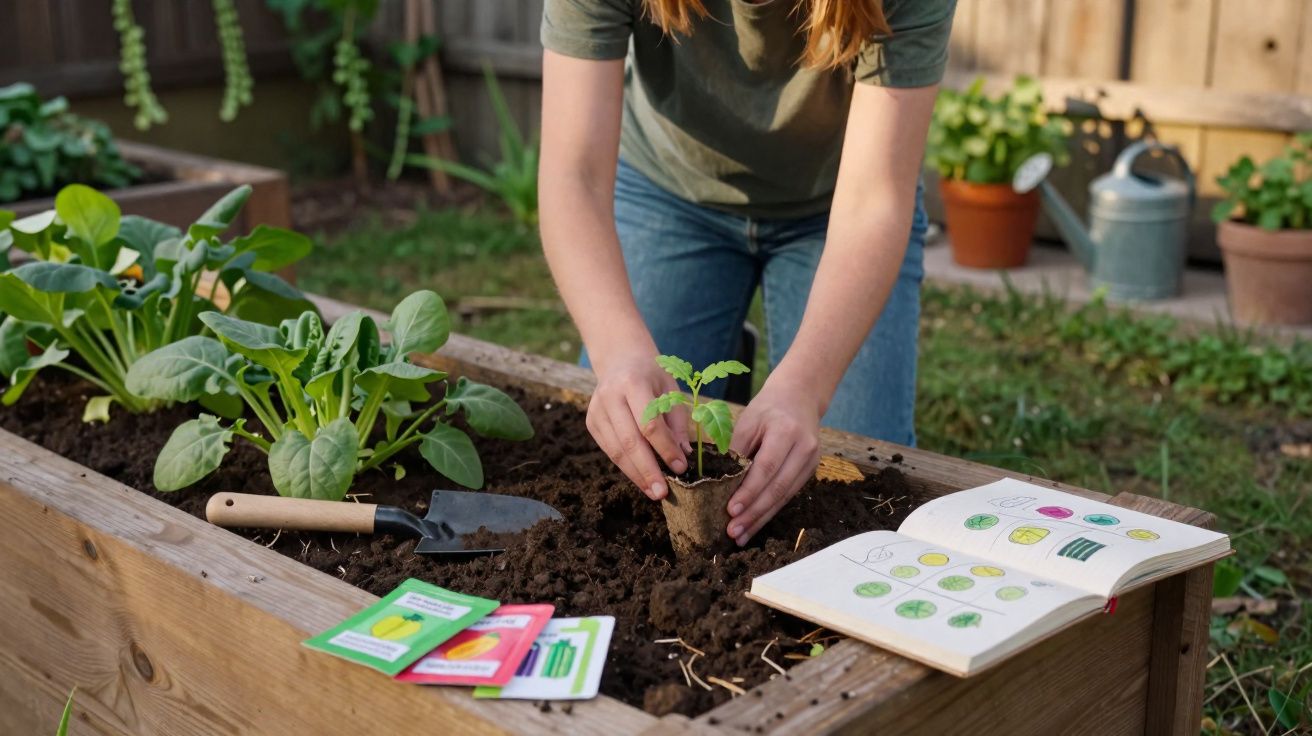 Pessoa a transplantar muda para canteiro com ferramentas, sementes e livro de plantas no jardim.