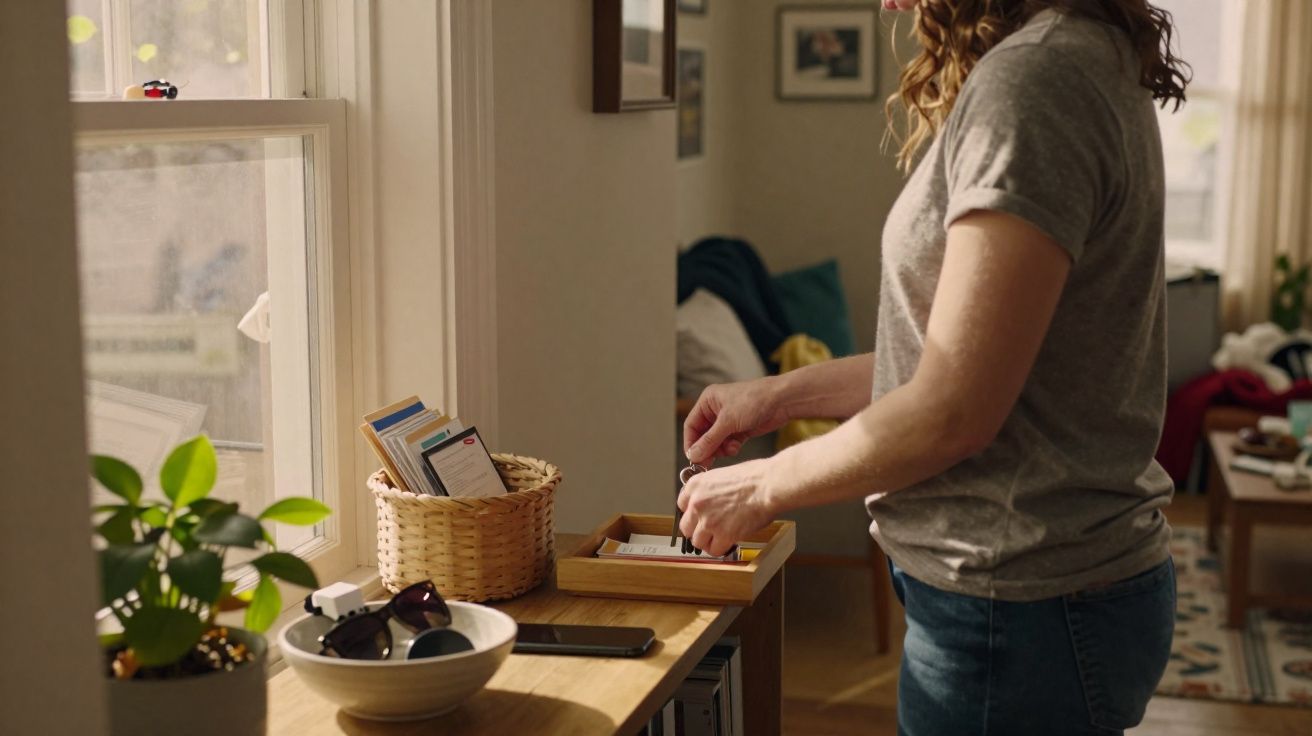 Pessoa a organizar cartões numa mesa ao lado de uma janela com plantas e objetos pessoais numa sala acolhedora.
