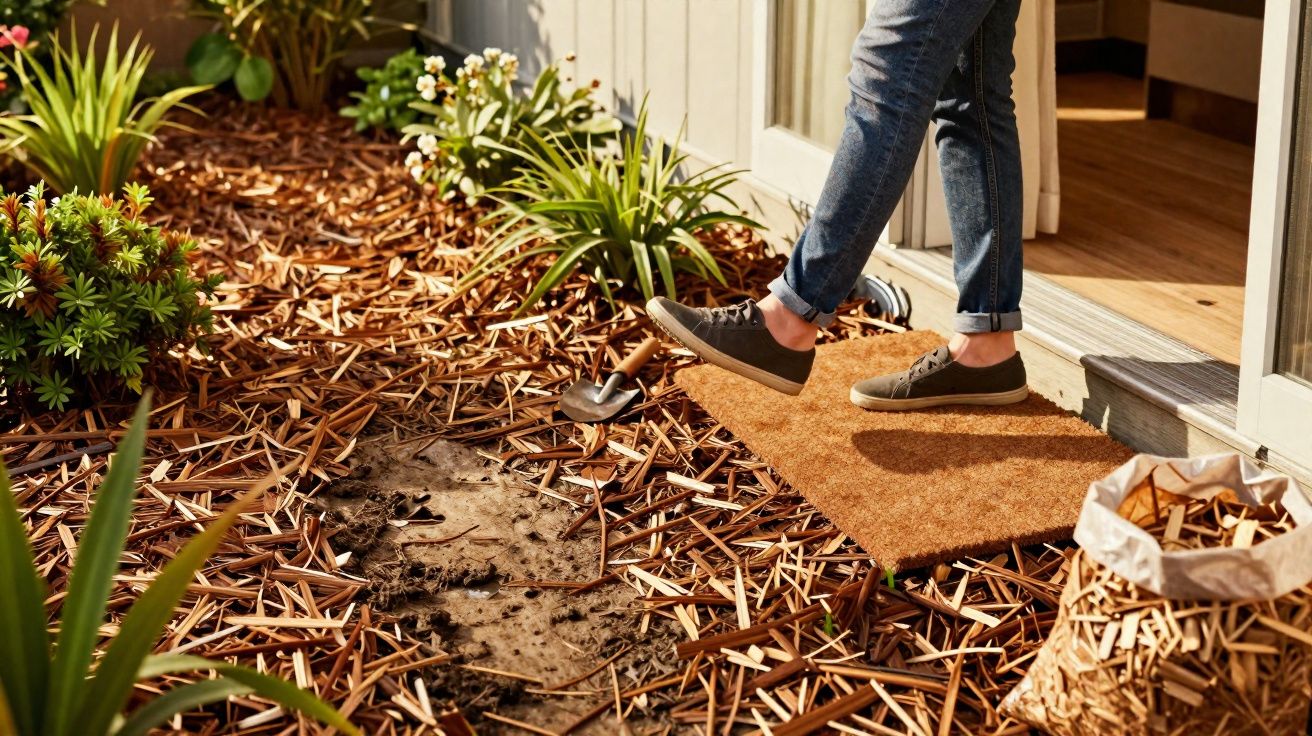 Pessoa a limpar calçado numa entrada de casa com jardim e mulch de madeira espalhado.