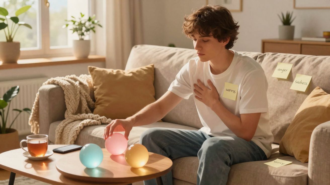 Jovem sentado no sofá com post-its na roupa e parede, luzes coloridas e chá na mesa.