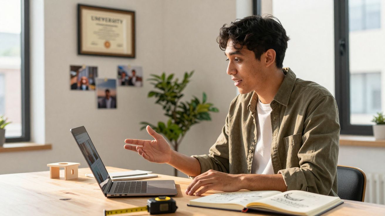Jovem sentado numa secretária a conversar e apontar para o ecrã de um computador portátil aberto.
