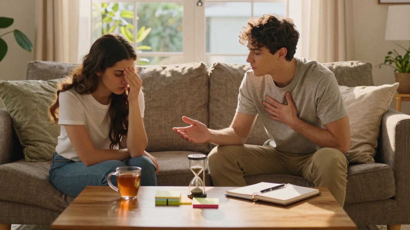 Homem tenta conversar com mulher triste sentados em sofá numa sala iluminada.