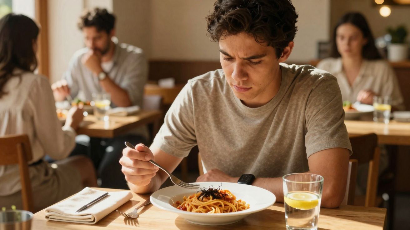 Jovem a olhar desconfiado para prato de esparguete num restaurante com outras pessoas ao fundo.