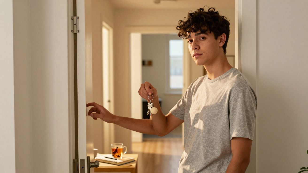 Jovem de cabelo encaracolado com t-shirt cinza abre a porta e segura um molho de chaves, dentro de uma casa.