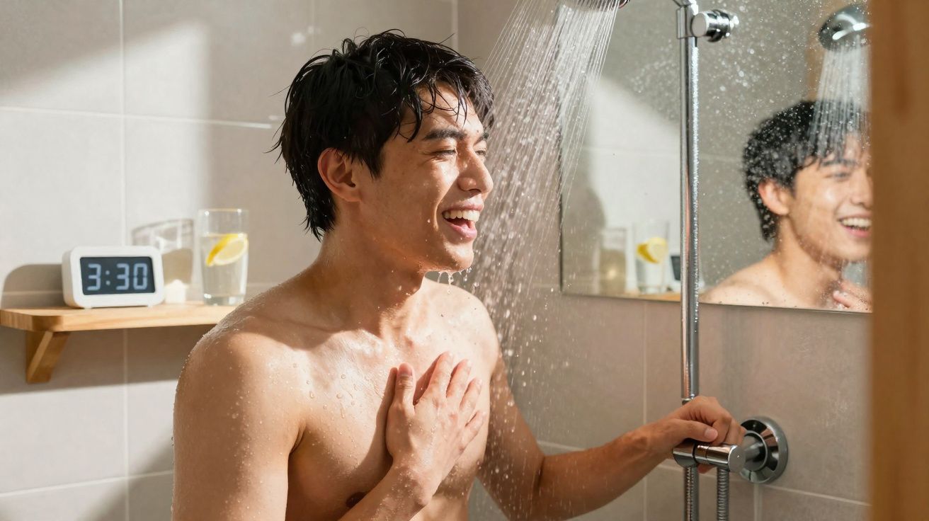 Homem jovem a sorrir enquanto toma duche numa casa de banho luminosa e moderna.