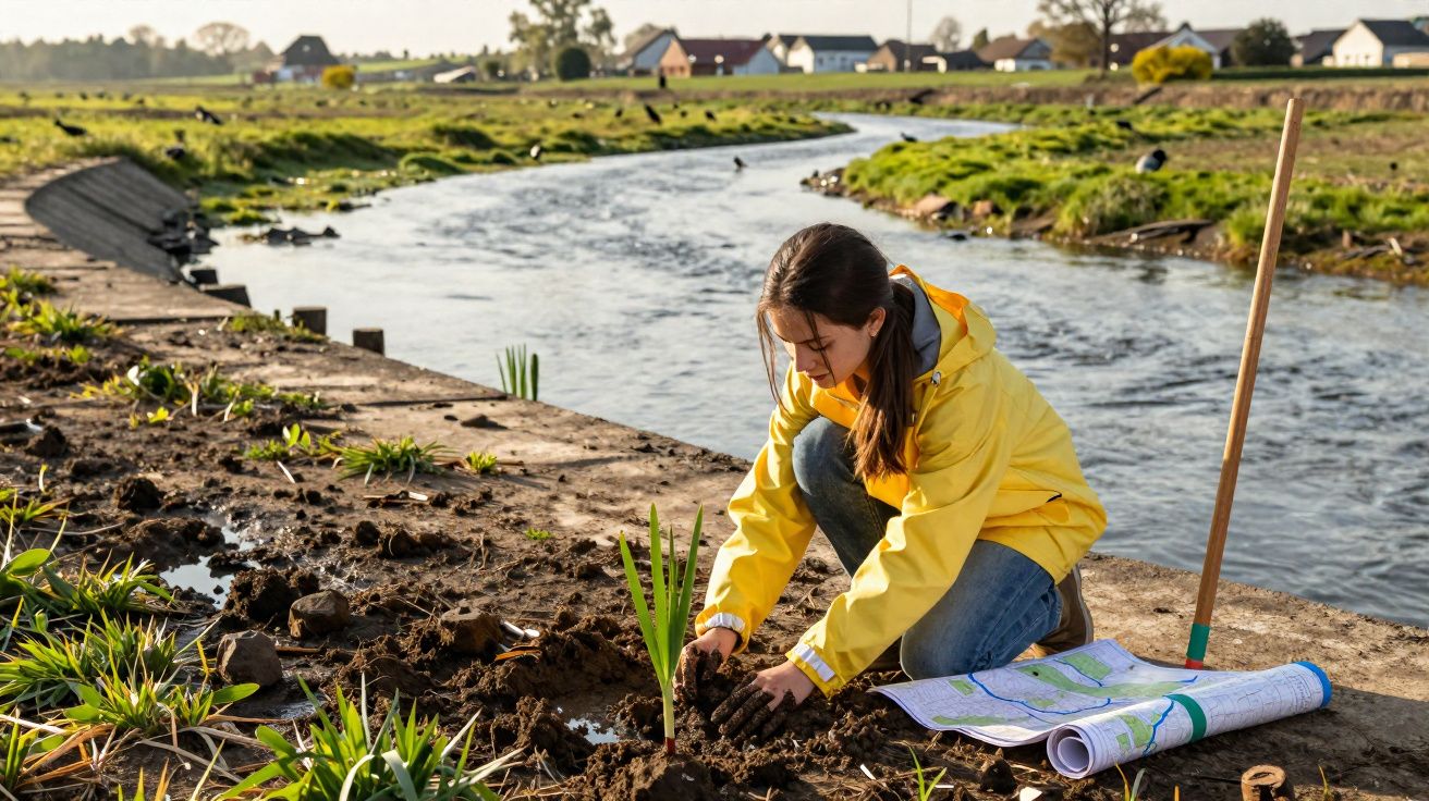 Jovem de casaco amarelo planta uma árvore junto a um rio, com mapa no chão e enxada encostada.