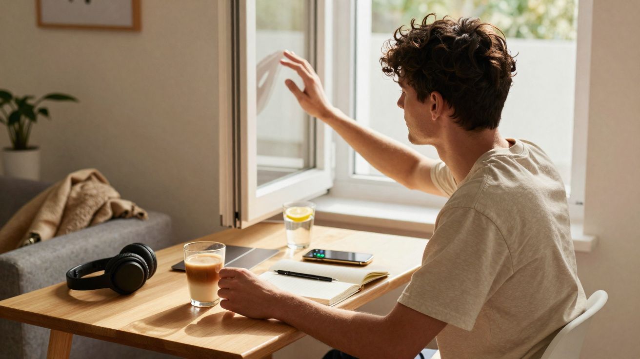 Jovem a afastar a mão de uma janela aberta, sentado numa mesa com café, telemóvel, caderno e auscultadores.