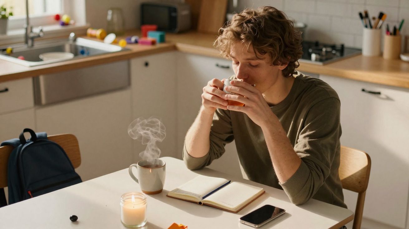 Jovem a beber chá numa cozinha, com caderno, telemóvel, vela acesa e caneca de chá a fumegar na mesa.
