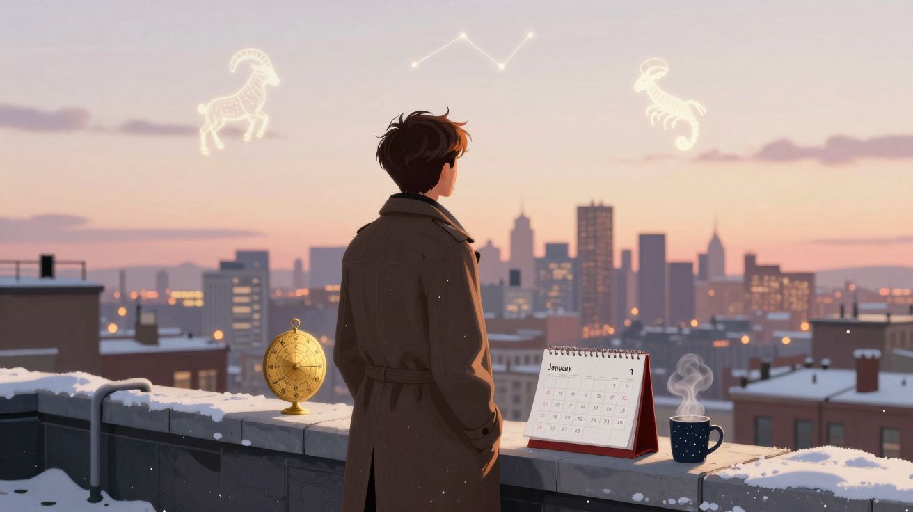 Homem de sobretudo observa constelações de carneiro e escorpião numa cidade ao pôr do sol com globo, calendário e chá.