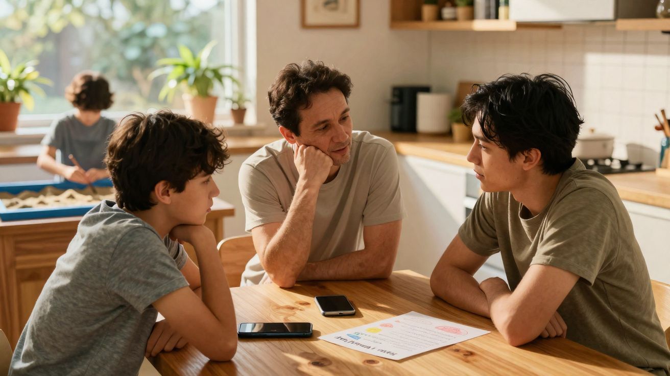 Pai e dois filhos sentados à mesa de cozinha a conversar, enquanto uma criança ao fundo desenha.