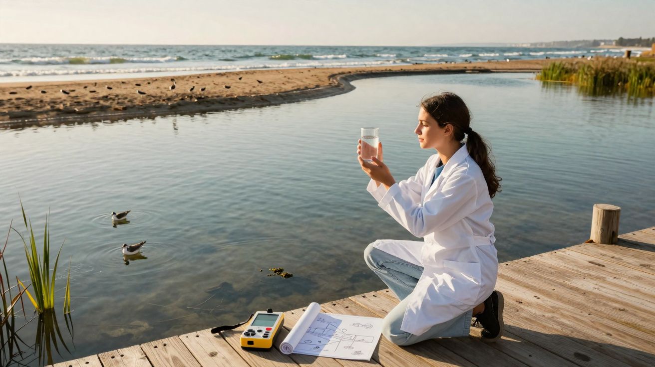Mulher cientista em branco analisa amostra de água junto a lagoa costeira com equipamento e desenhos no cais de madeira.