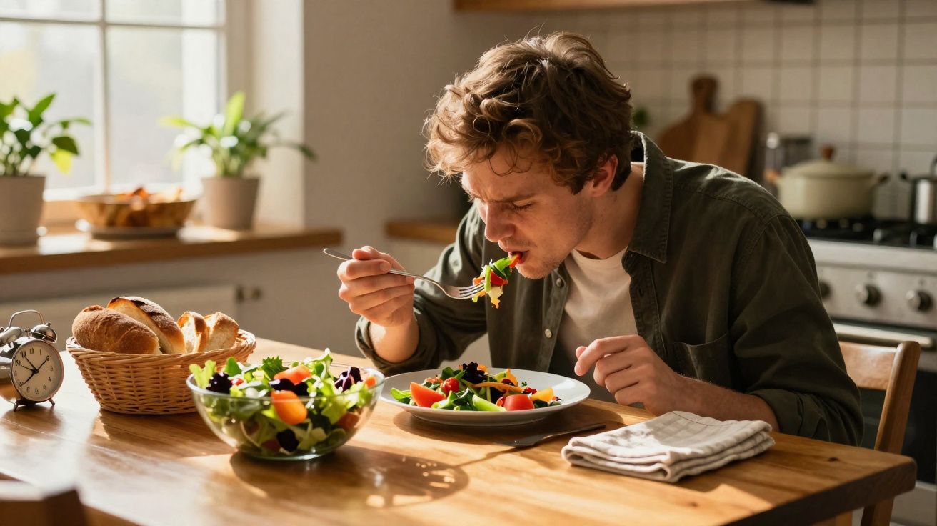 Homem a comer salada à mesa de cozinha iluminada por luz natural, com pão e relogio.