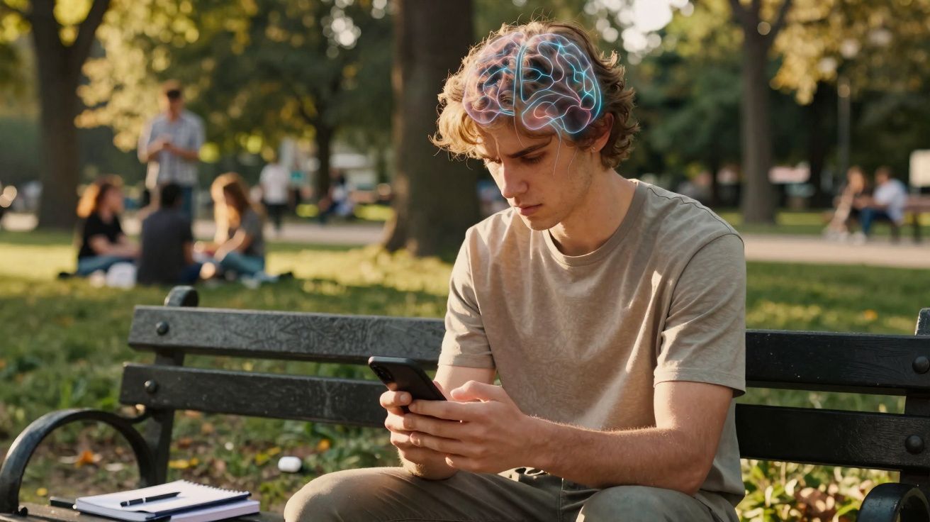 Jovem sentado num banco no parque a usar telemóvel, com ilustração do cérebro sobre a cabeça.