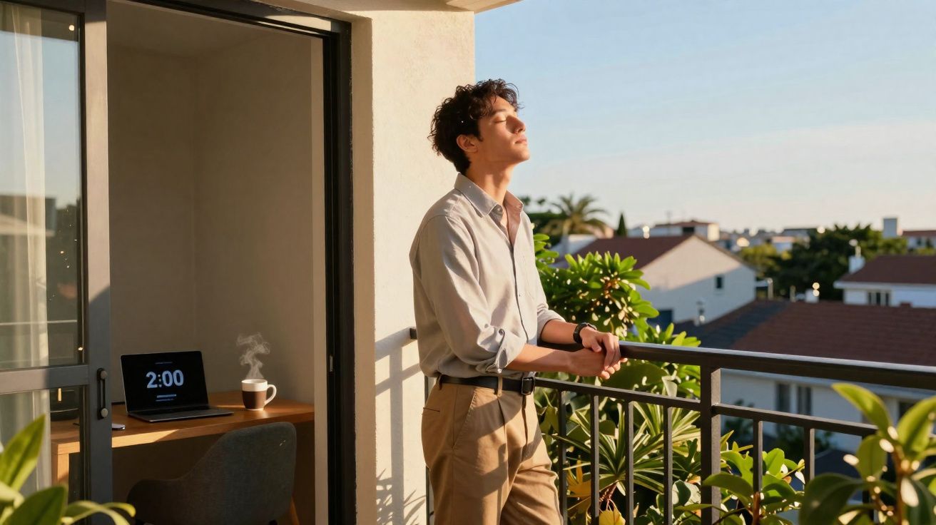 Homem a relaxar na varanda ao amanhecer com plantas e vista para casas ao fundo.