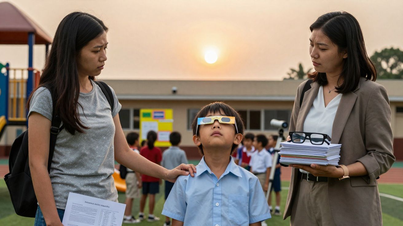 Criança com óculos especiais observando o céu ao pôr do sol, acompanhada por duas mulheres numa escola.