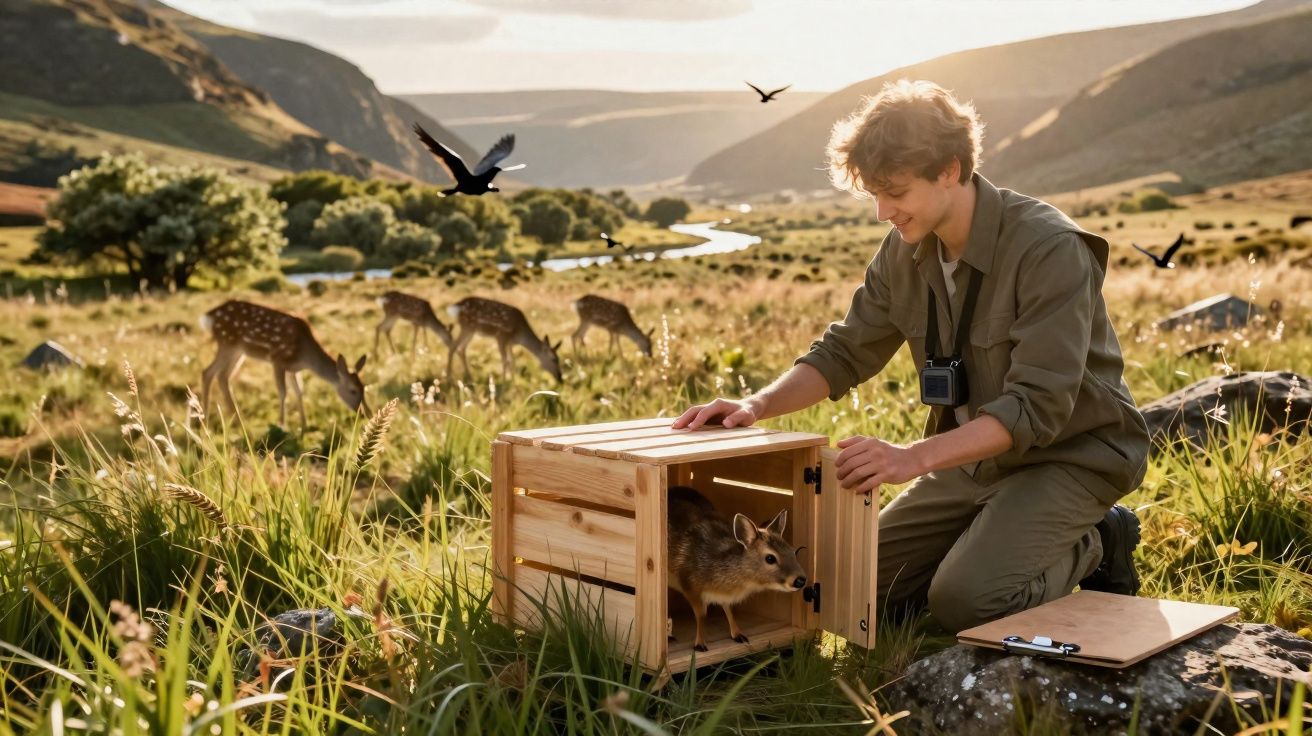 Jovem solta pequeno animal selvagem de caixa numa paisagem rural com veados e aves ao fundo.