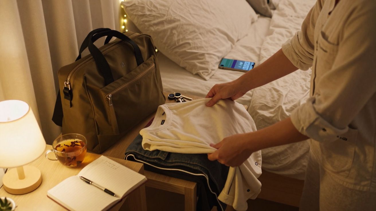 Pessoa a dobrar roupa num quarto com mala, chá, caderno e telemóvel sobre a mesa ao lado da cama.