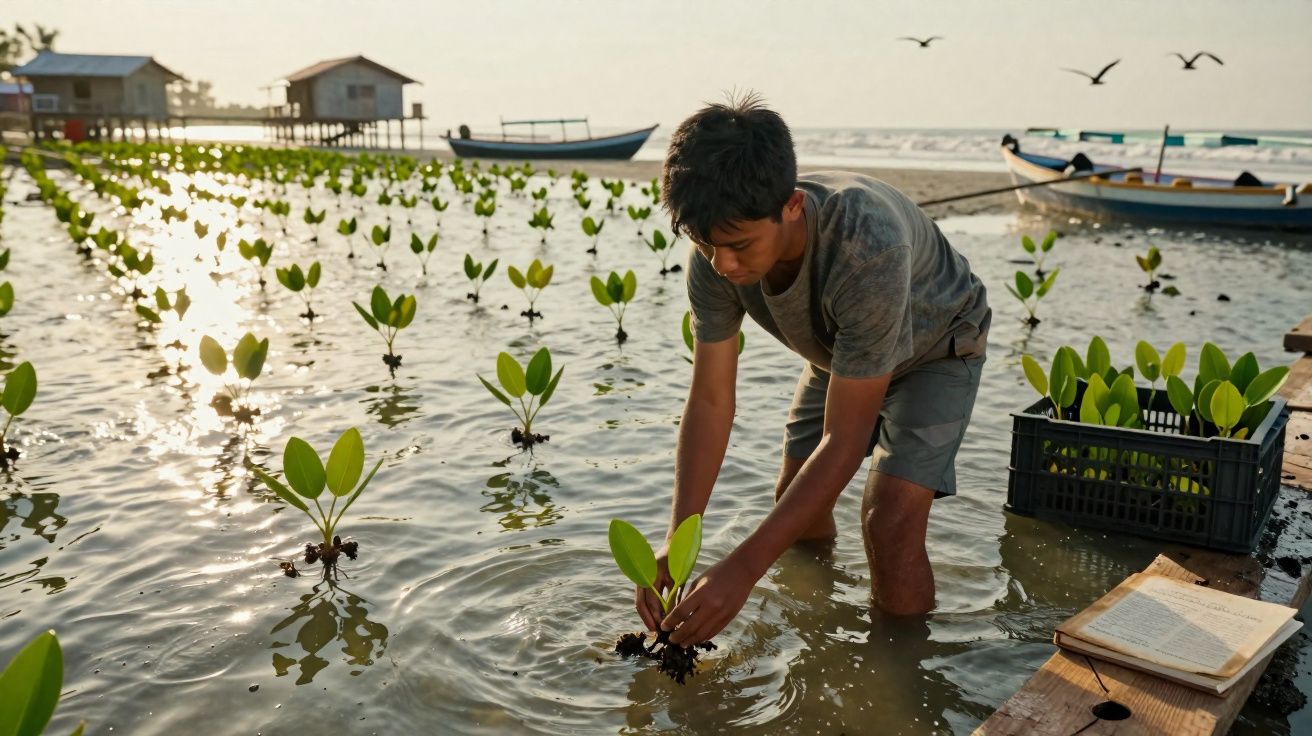 Rapaz a plantar mangue jovem numa zona alagada junto a barcos e casas de madeira ao entardecer.
