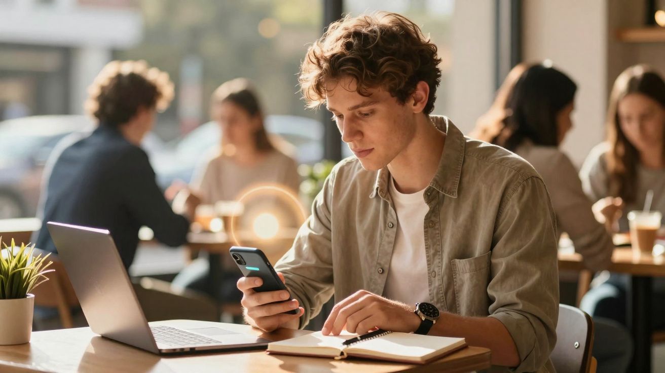 Jovem sentado numa cafetaria a usar telemóvel e a escrever num caderno, com portátil aberto à sua frente.