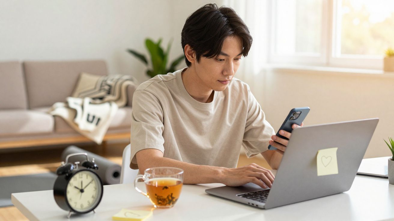 Jovem a trabalhar no portátil e consultar o telemóvel, com chá e despertador numa mesa iluminada por luz natural.