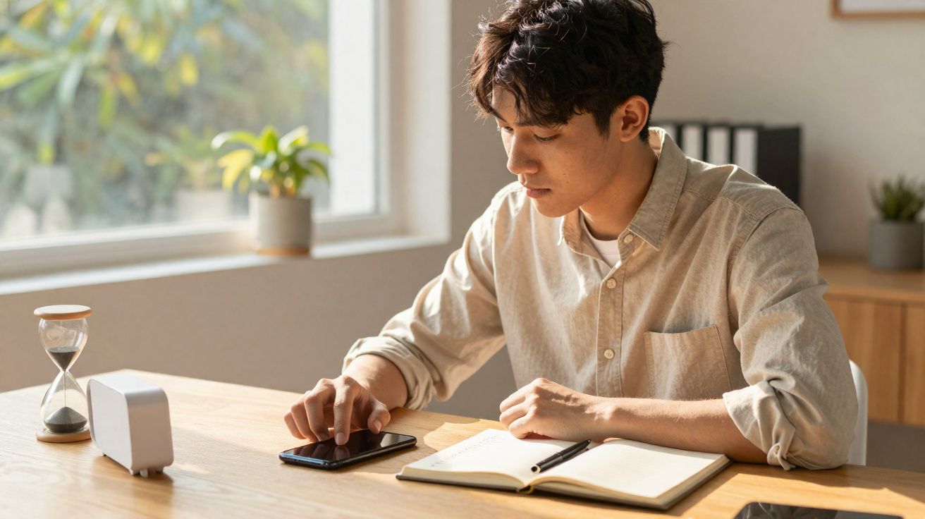 Jovem sentado à mesa, a usar telemóvel, com caderno aberto e ampulheta ao lado numa sala iluminada pela janela.