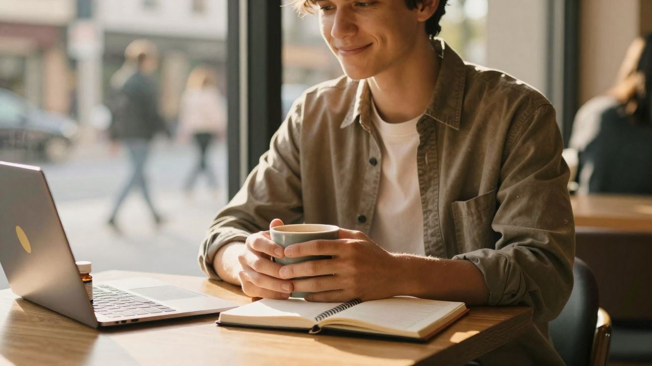 Jovem sentado numa cafeteria com computador portátil, caderno aberto e a segurar uma chávena.
