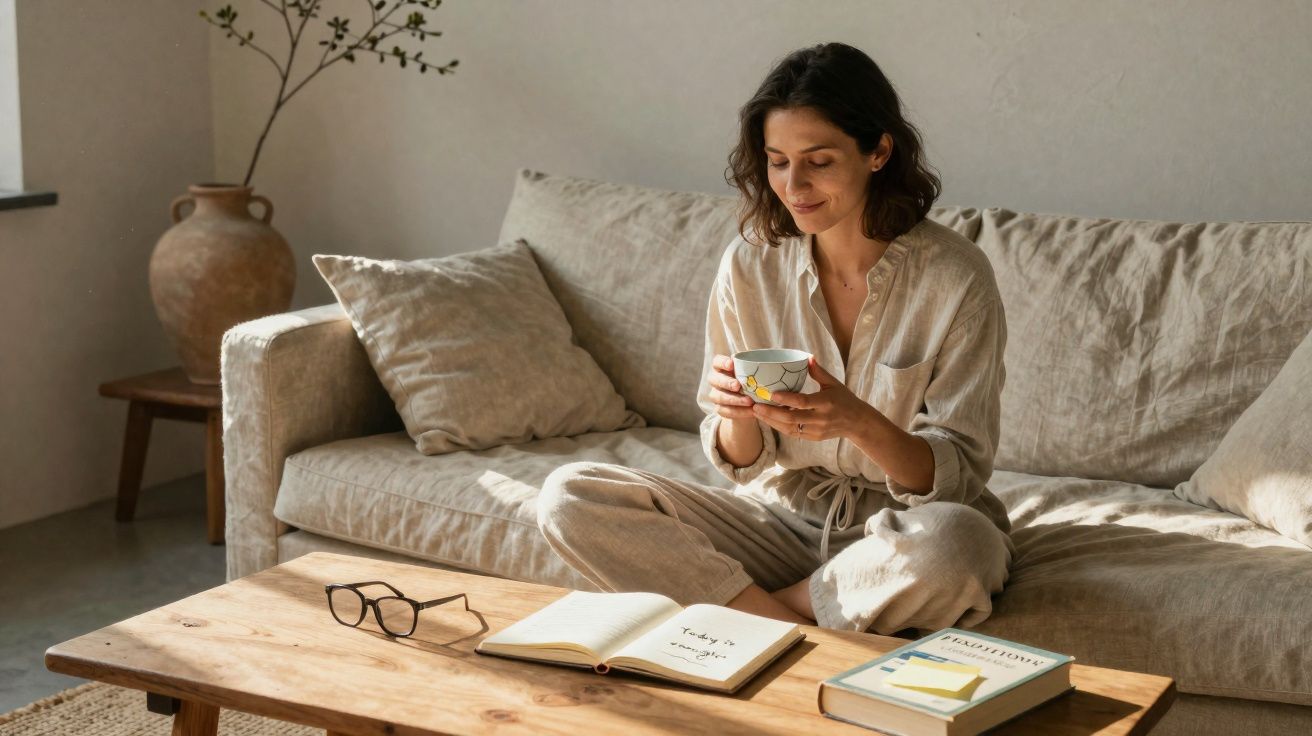 Mulher sentada no sofá, segurando uma chávena com expressão serena, à frente uma mesa com livro, cadernos e óculos.