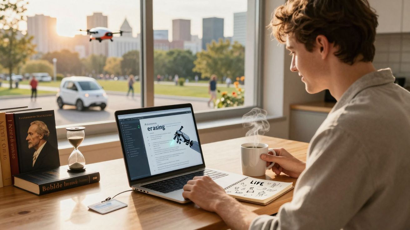Jovem a trabalhar num computador portátil com café fumegante numa mesa junto a uma janela com vista urbana.