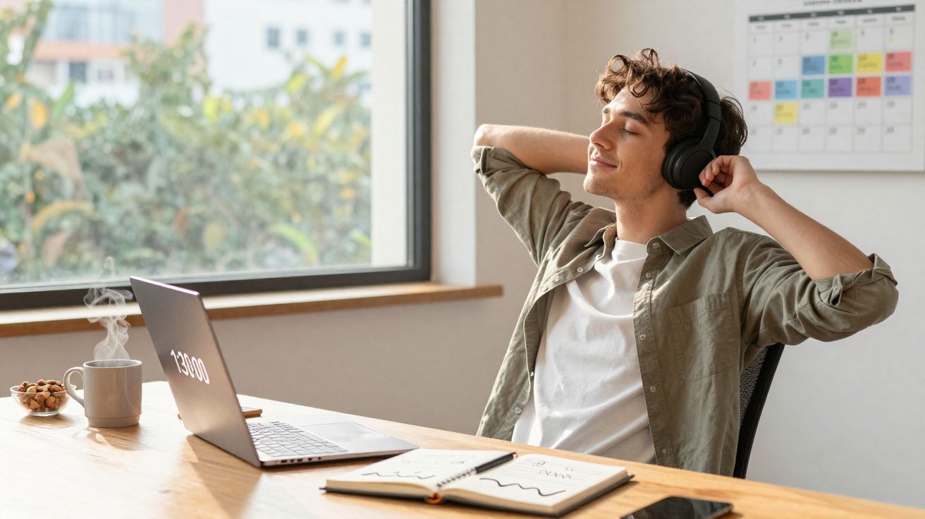 Jovem relaxa com auscultadores e olhos fechados junto a computador portátil e agenda numa mesa iluminada.