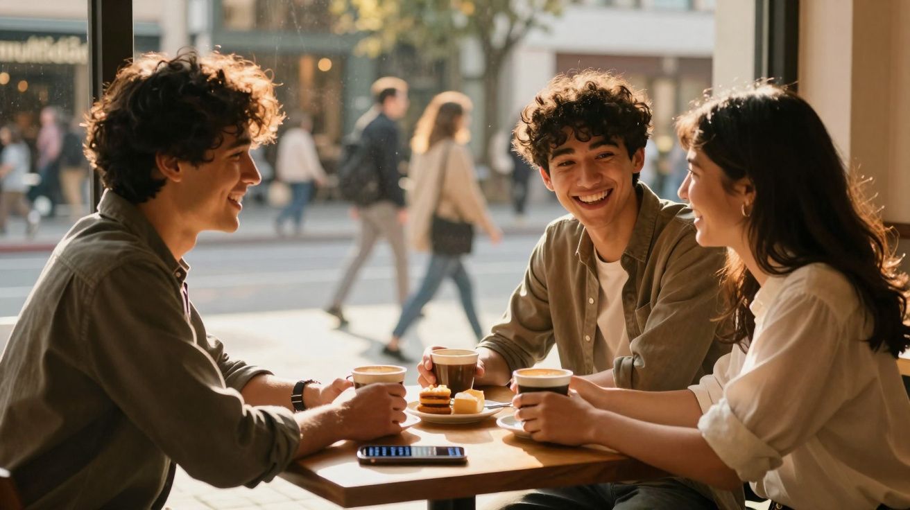 Três jovens sentados numa esplanada, a conversar e a beber café em dia soalheiro.