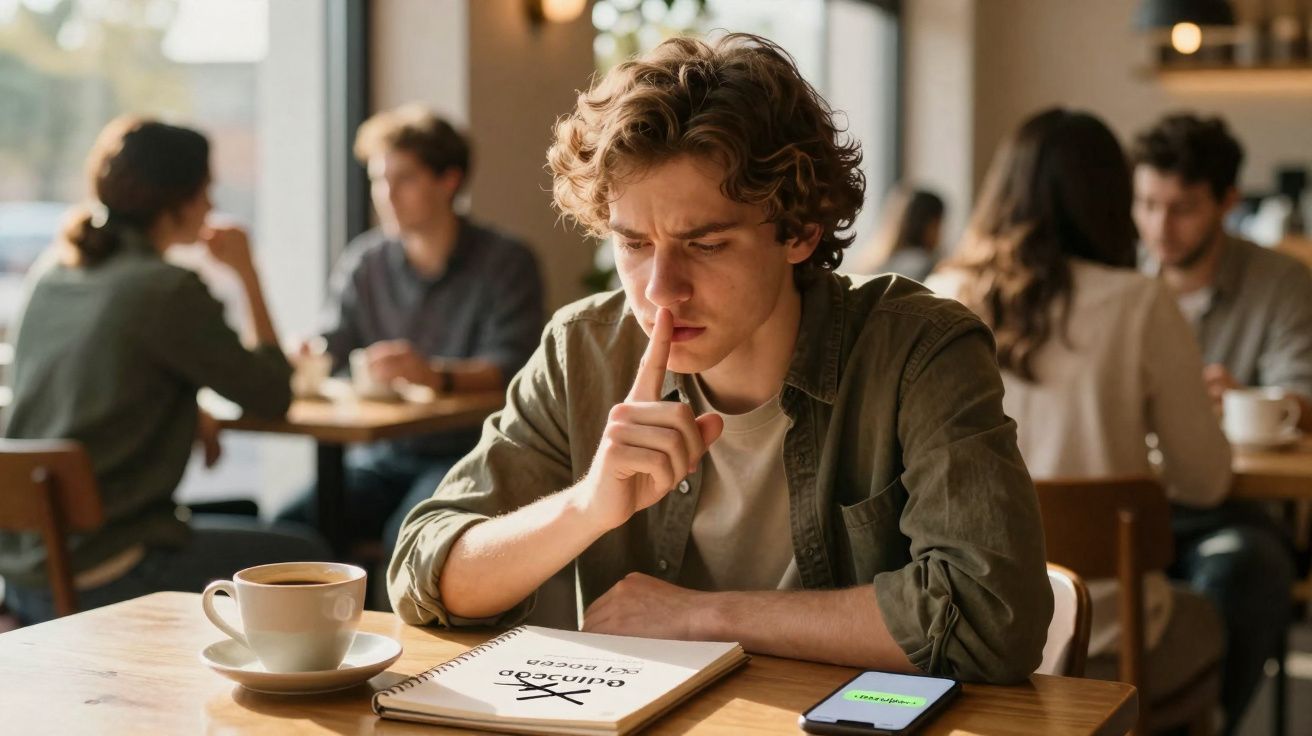 Jovem sentado num café, pensativo, com caderno e telemóvel na mesa, várias pessoas ao fundo.