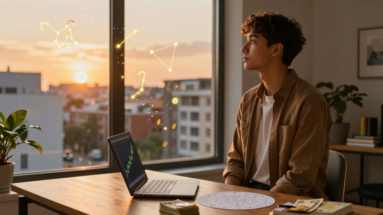 Jovem sentado à mesa com laptop, papel de astrologia e notas, olhando pela janela ao pôr do sol com constelações digitais.