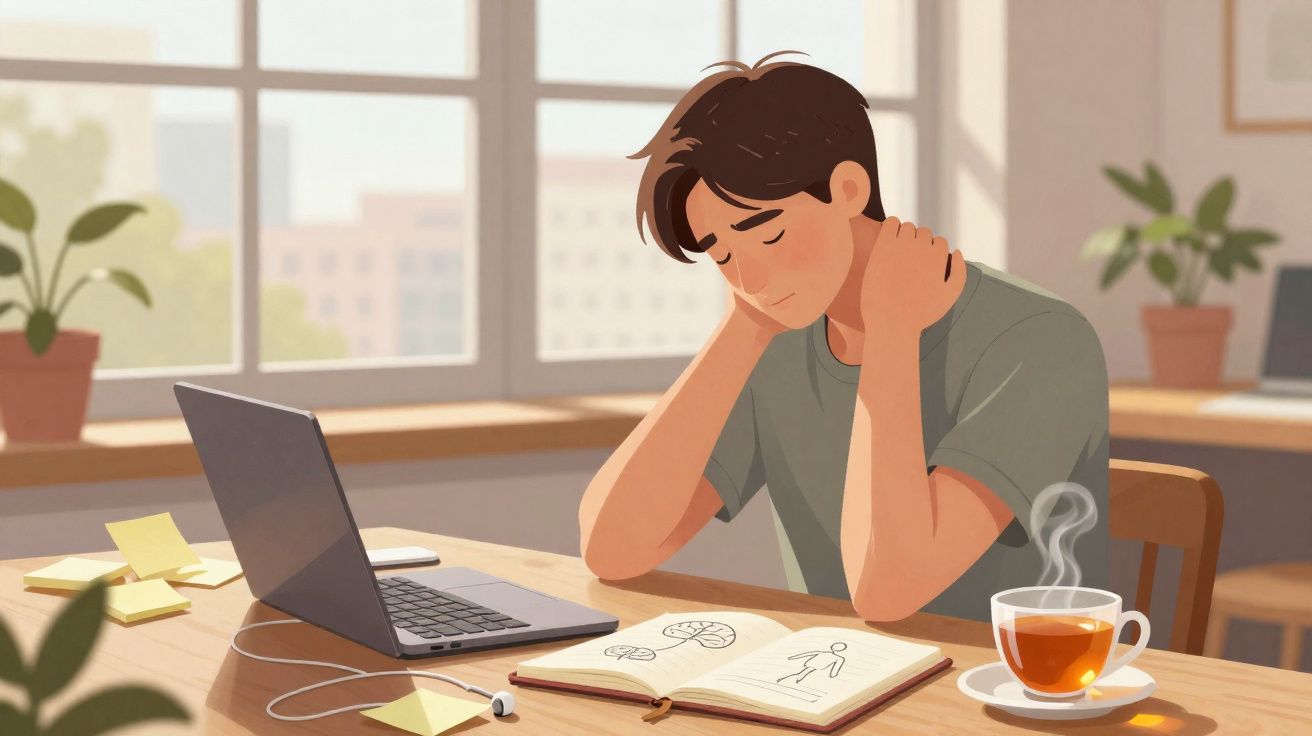 Homem sentado à mesa com expressão cansada, ao lado de portátil, caderno com desenhos e chá quente.