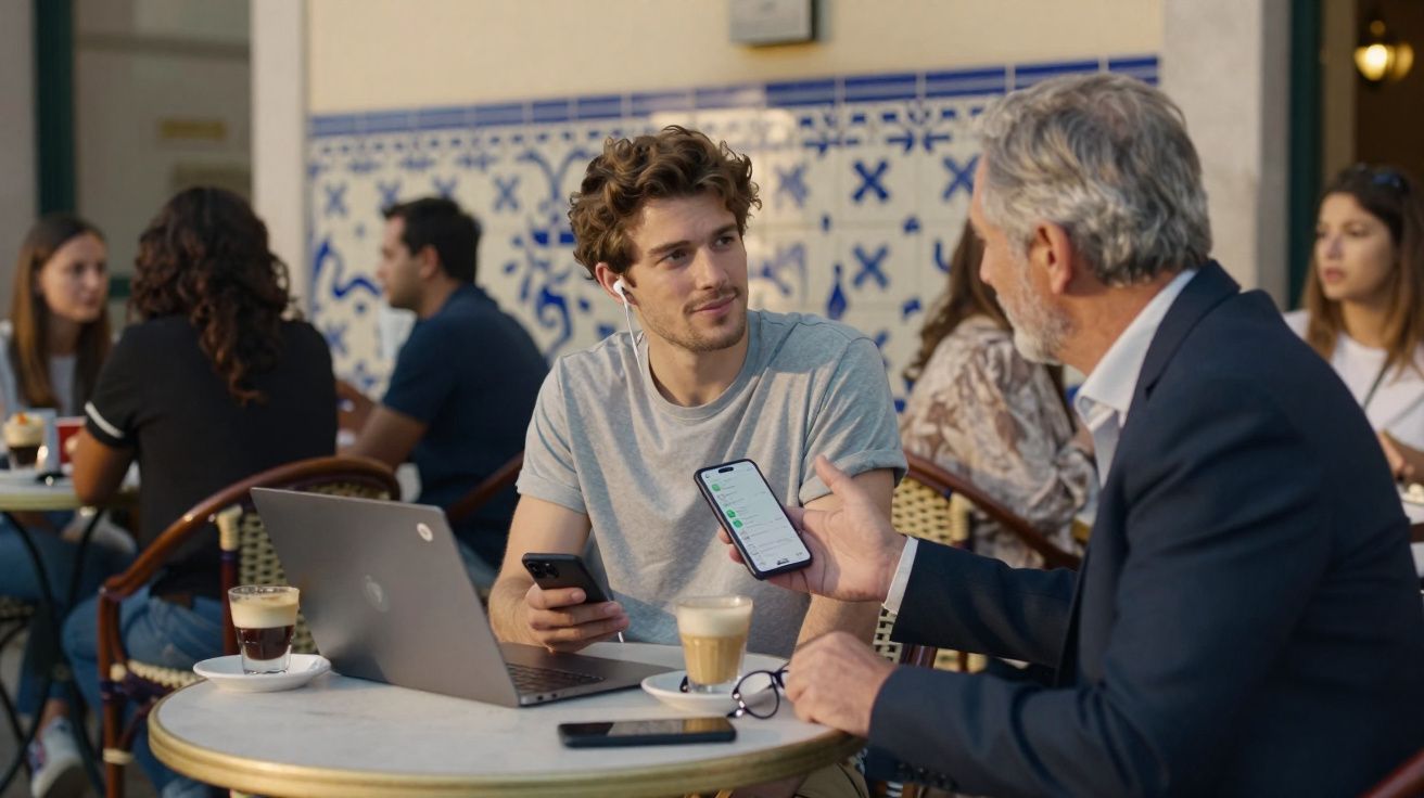 Dois homens em café ao ar livre, um com portátil e ambos com telemóveis na mão, numa conversa.
